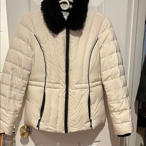 LOFT Cream Puffer Jacket with Black Trim